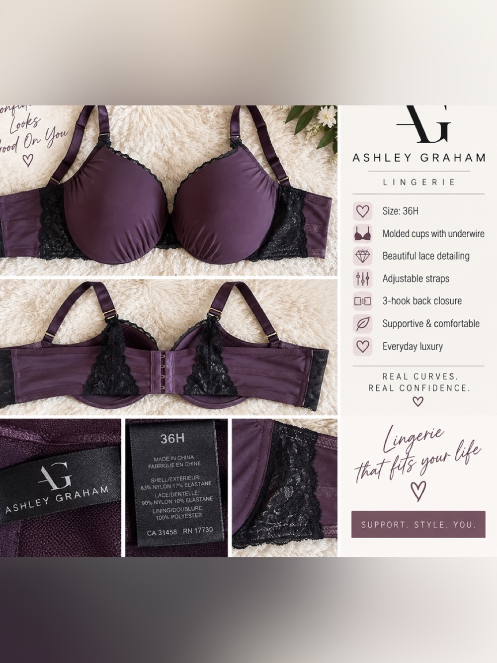 Ashley Graham Plum and Black Lace Underwire Bra